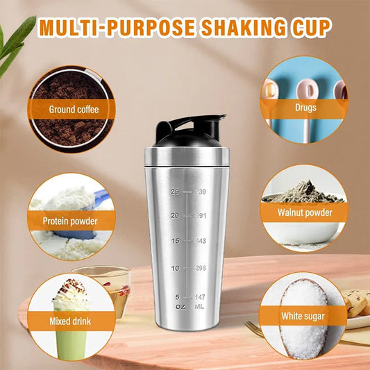 Protein Shaker Bottle, 750ML Stainless Steel Protein Shaker with Mixball, Leak-Proof Metal Shaker for Protein Shakes, Protein